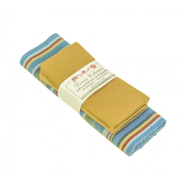 Placemats 4 + 4 Napkins Set Blue Stripe