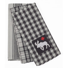 3 Pc. Tea Towels Set - Buffalo Grey Plaid - Moose, Maple Leaf
